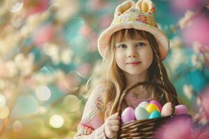 ai généré Jeune fille en portant Pâques lapin chapeau en portant une panier de Pâques des œufs photo