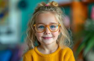 ai généré une peu fille dans lunettes, souriant dans le caméra photo