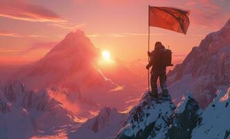 ai généré une homme est escalade à une Montagne en portant une sac à dos et drapeau photo