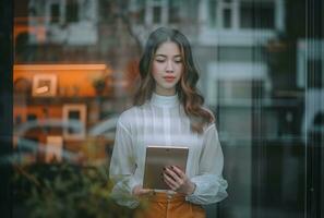 ai généré femelle femme d'affaires en portant tablette sur Bureau fenêtre photo