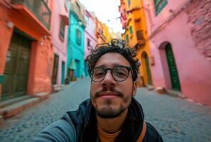 ai généré une homme est portant des lunettes et permanent dans une coloré rue photo