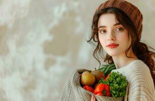 ai généré une femme en portant une épicerie sac rempli avec des fruits et des légumes et achats pour les courses photo