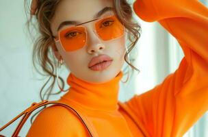 ai généré une magnifique Jeune femme est posant avec un Orange Sac à main photo