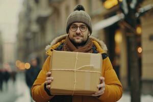 ai généré une homme en portant une paquet porter papier carton des boites autour le sien mains photo