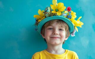 ai généré une garçon est attendre pour Pâques ment un Pâques chapeau photo