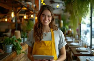 ai généré une serveuse permanent dans une restaurant en portant sa tablette ordinateur photo