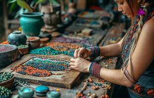 ai généré une femme travail sur une perle Collier avec perles et perles photo