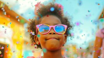 ai généré une Jeune fille portant coloré des lunettes avec des ballons autour sa photo