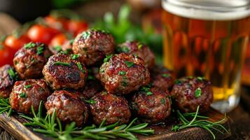 ai généré un attractif et bon goût image de Boulettes de viande portion et pinte de Bière ensemble photo