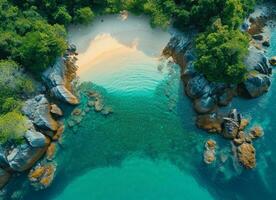 ai généré aérien vues de une privé sablonneux plage photo