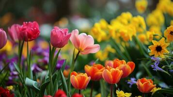 ai généré une printemps scène avec vibrant fleurs, évoquant le fraîcheur de le saison pour La publicité félicité photo