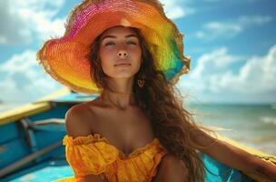 ai généré une femme portant une arc en ciel chapeau et séance sur une bateau photo