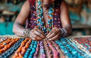 ai généré une femme travail sur une perle Collier avec perles et perles photo