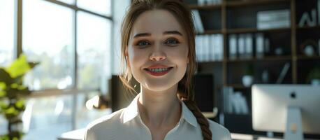 ai généré femme d'affaires souriant dans le Bureau photo