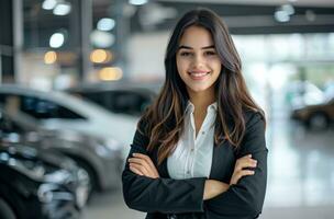 ai généré affaires femme permanent dans le voiture salle d'exposition photo