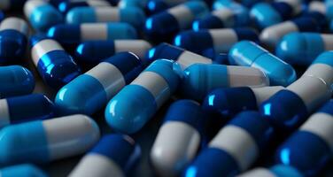 ai généré bleu et blanc pilule capsules sur le surface photo