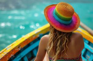 ai généré une femme portant une arc en ciel chapeau et séance sur une bateau photo