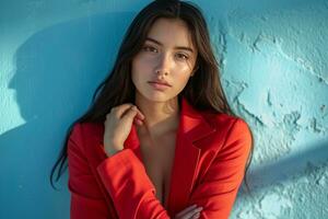 ai généré magnifique femme dans une rouge blazer posant avec sa bras plié photo