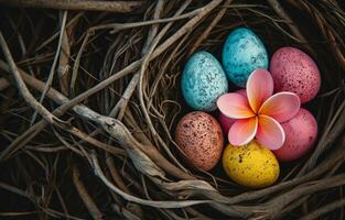 ai généré douzaines de coloré des œufs niché avec une fleur photo