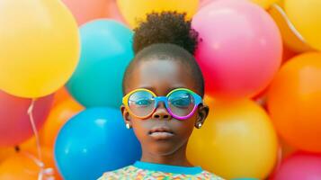 ai généré une Jeune fille portant coloré des lunettes avec des ballons autour sa photo