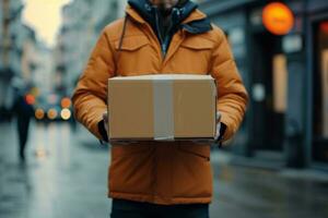 ai généré livraison homme en portant papier carton boîte sur rue paquet photo