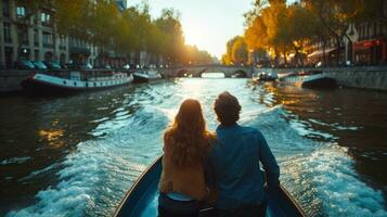 ai généré magnifique couple monte sur une bateau le long de le rivière photo