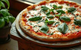 ai généré une Pizza sur Haut de un vieux pierre table et petit pot photo