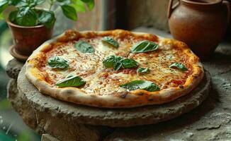 ai généré une Pizza sur Haut de un vieux pierre table et petit pot photo