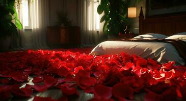 ai généré grand rouge Rose pétales sur le sol de une lit photo