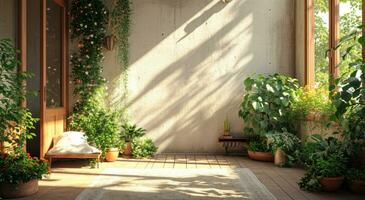 ai généré un intérieur vue de une balcon avec les plantes et verdure photo