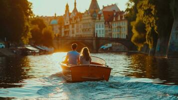 ai généré magnifique couple monte sur une bateau le long de le rivière photo