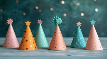 ai généré différent les types de papier fête Chapeaux mensonge sur Haut de table photo