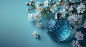 ai généré parfum bouteille et fleurs sur bleu Contexte photo