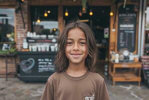 ai généré cette est une Jeune garçon souriant dans de face de une café magasin photo