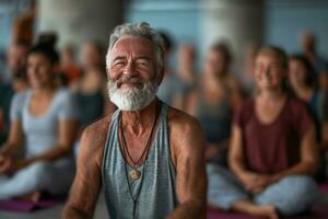 ai généré les personnes âgées sont souriant et méditer dans une yoga classe photo