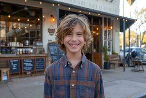 ai généré cette est une Jeune garçon souriant dans de face de une café magasin photo