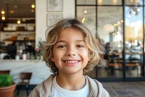 ai généré cette est une Jeune garçon souriant dans de face de une café magasin photo