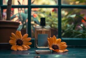 ai généré une bouteille de parfum sur une étagère dans le distance photo