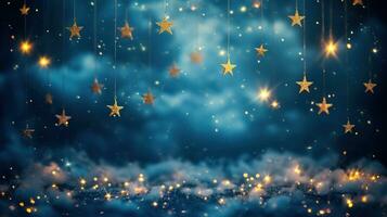 ai généré une rêveur nuit ciel toile de fond avec pétillant étoiles, transformer le fête dans une céleste pays des merveilles photo