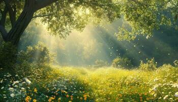 ai généré une ensoleillé printemps journée avec fleurs et des arbres photo