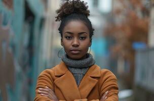 ai généré un attrayant Jeune noir femme permanent en plein air avec sa bras plié photo