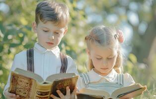 ai généré caucasien peu garçon et fille en train de lire saint Bible livre dans jardin photo