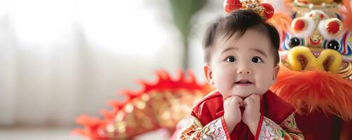 ai généré portrait de content asiatique bébé. chinois Nouveau année concept. photo