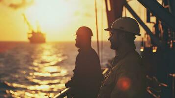 ai généré caucasien industriel ouvriers dans le pétrole tube station à mer pendant le coucher du soleil photo