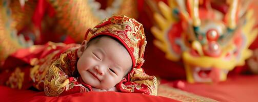 ai généré en train de dormir asiatique bébé dans chinois traditionnel robe sur lit. chinois Nouveau année concept. photo