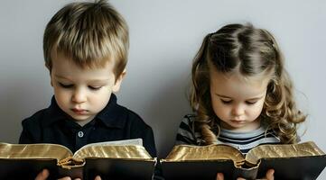 ai généré mignonne peu garçon et fille en train de lire saint Bible livre. photo