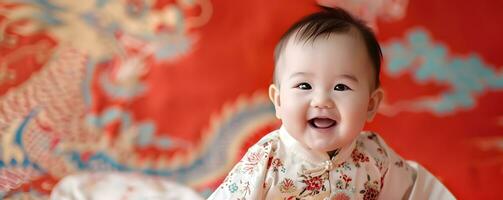 ai généré mignonne asiatique bébé dans chinois traditionnel robe. content chinois Nouveau année concept. photo