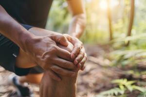 ai généré le genou mixte douleur dans caucasien homme. concept de l'arthrose, rhumatoïde arthrite ou ligament blessure photo