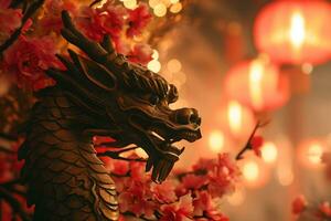 ai généré chinois dragon statue décoré avec traditionnel lanternes et fleurs photo