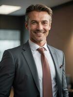 ai généré portrait de une Beau souriant homme d'affaire patron dans une costume permanent dans le sien moderne affaires entreprise bureau. photo